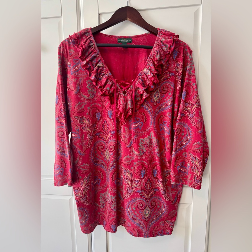 Vintage Y2K Ralph Lauren Jeans Red Ruffle Paisley Print Cotton 3/4 Sleeve Blouse